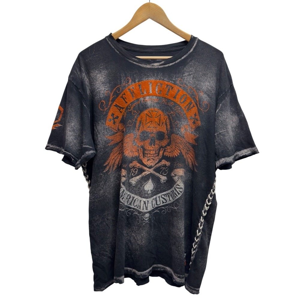Affliction Men's 2XL American Customs Live Fast Skull Crossbones T-Shirt USA euc